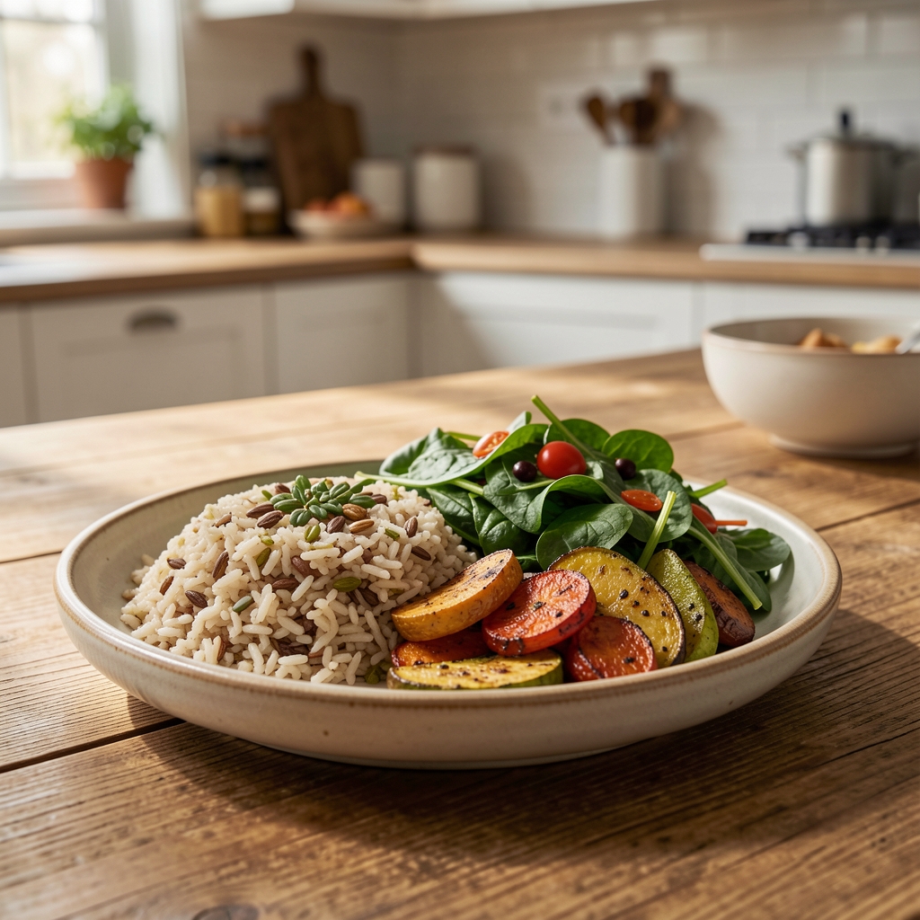 Freshly prepared balanced meal with whole grains, leafy greens and roasted vegetables arranged on a ceramic plate on a wooden kitchen table