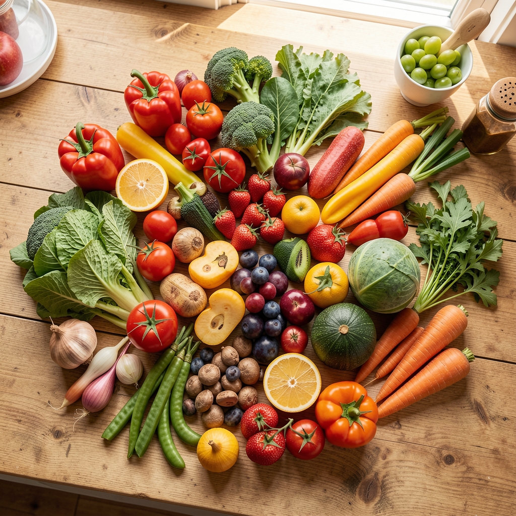 Overhead view of colourful vegetables and fruits spread across a wooden surface in a bright home kitchen, natural daylight lighting