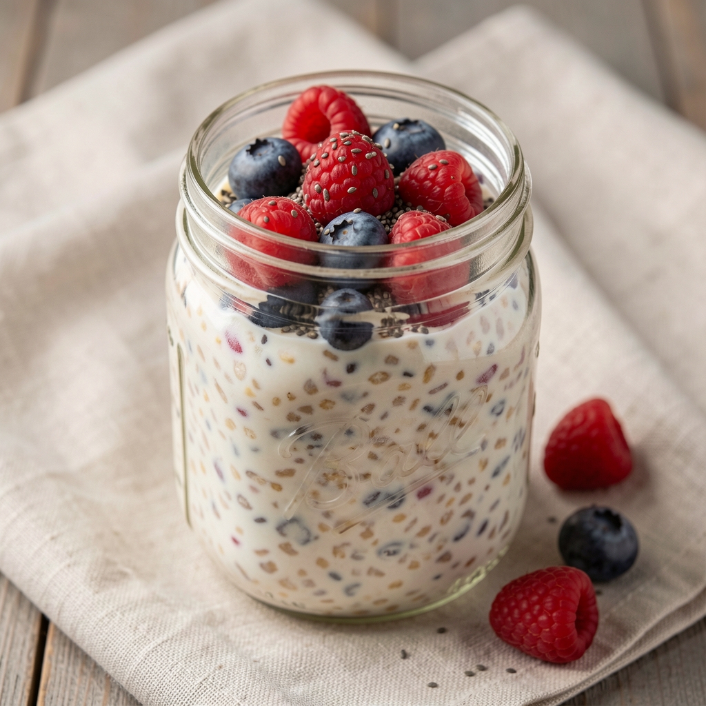 Close-up of a mason jar filled with overnight oats, topped with fresh berries and chia seeds on a light linen cloth