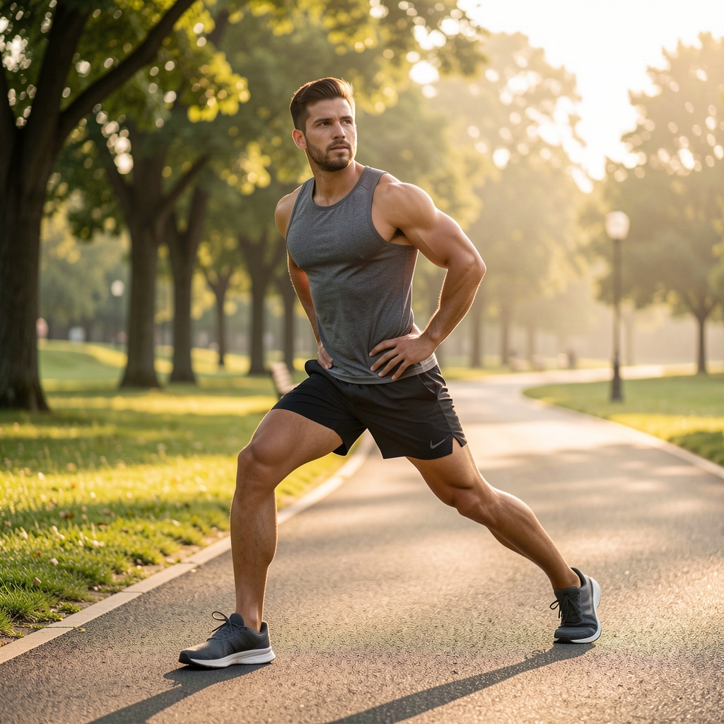 Runner stretching beside a park path in morning light, wearing athletic clothing, focus on active lifestyle and outdoor fitness