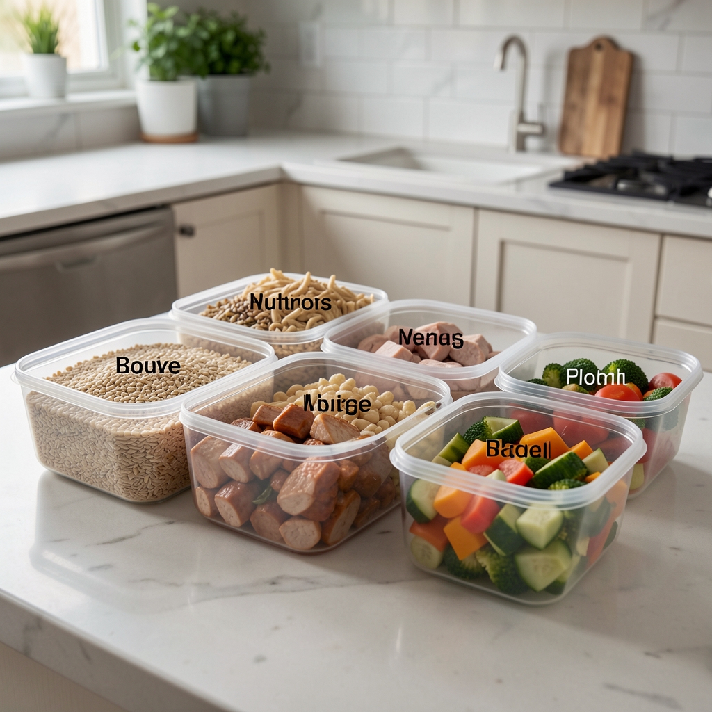 Meal prep containers neatly arranged on a kitchen counter with labelled portions of grains, proteins and vegetables ready for the week ahead