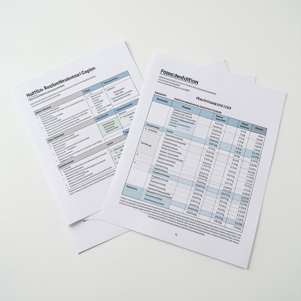 A flat-lay view of printed nutrition research papers and food composition tables on a clean white desk under bright studio lighting
