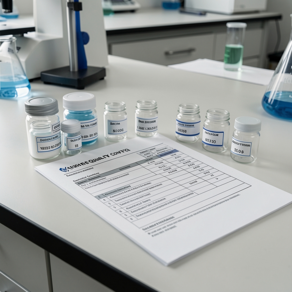 Laboratory bench with small glass sample containers, batch coded labels, and quality control documentation laid flat on a work surface