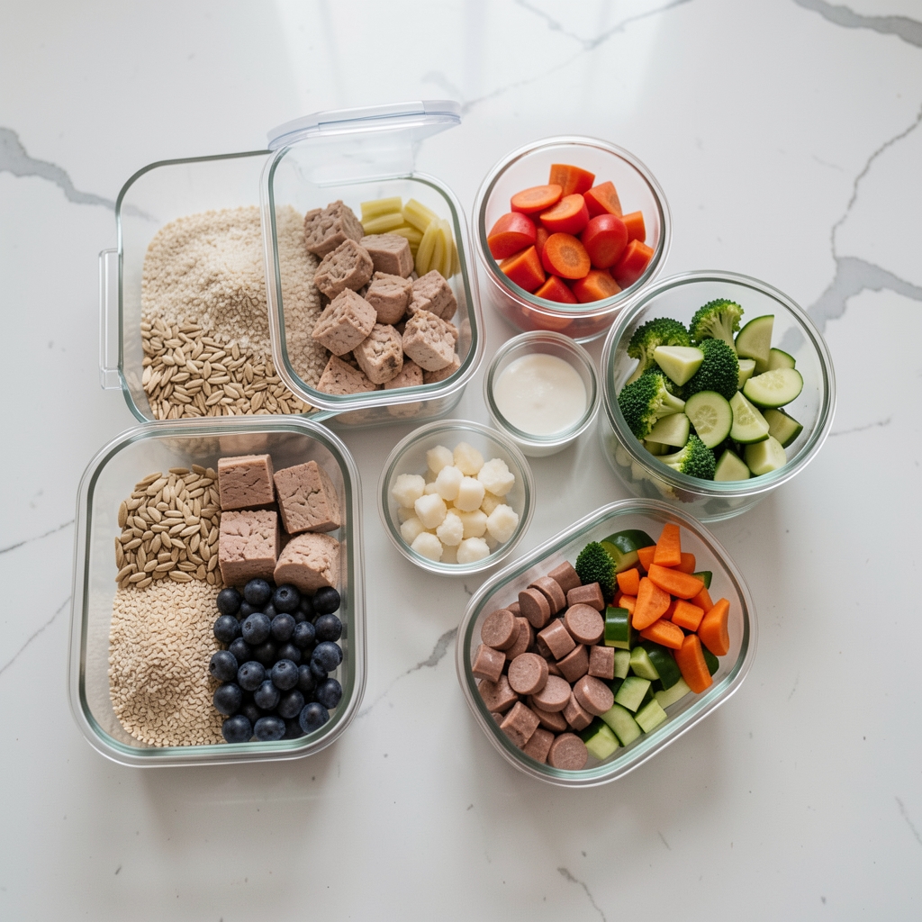 Overhead shot of weekly meal prep containers on a clean kitchen counter with neatly portioned grains, protein and vegetables in glass containers