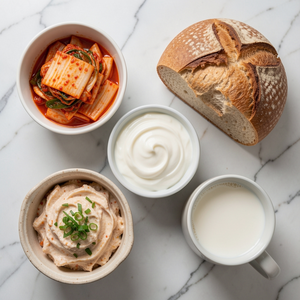 Overhead view of fermented foods including kimchi, natural yoghurt, sourdough bread and kefir arranged on a light marble surface