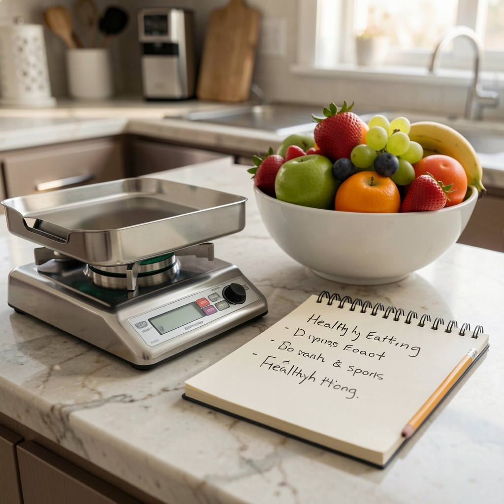 Scales on a kitchen counter with a bowl of fresh fruit alongside a notepad with handwritten healthy eating goals and a pencil