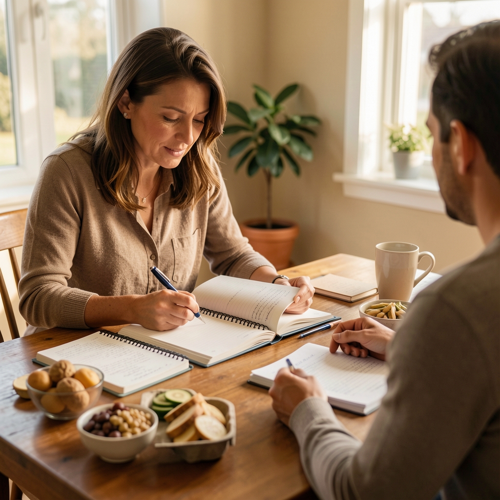 A nutritionist reviewing a food journal with a client at a table, notebooks and whole food samples spread out, warm indoor light